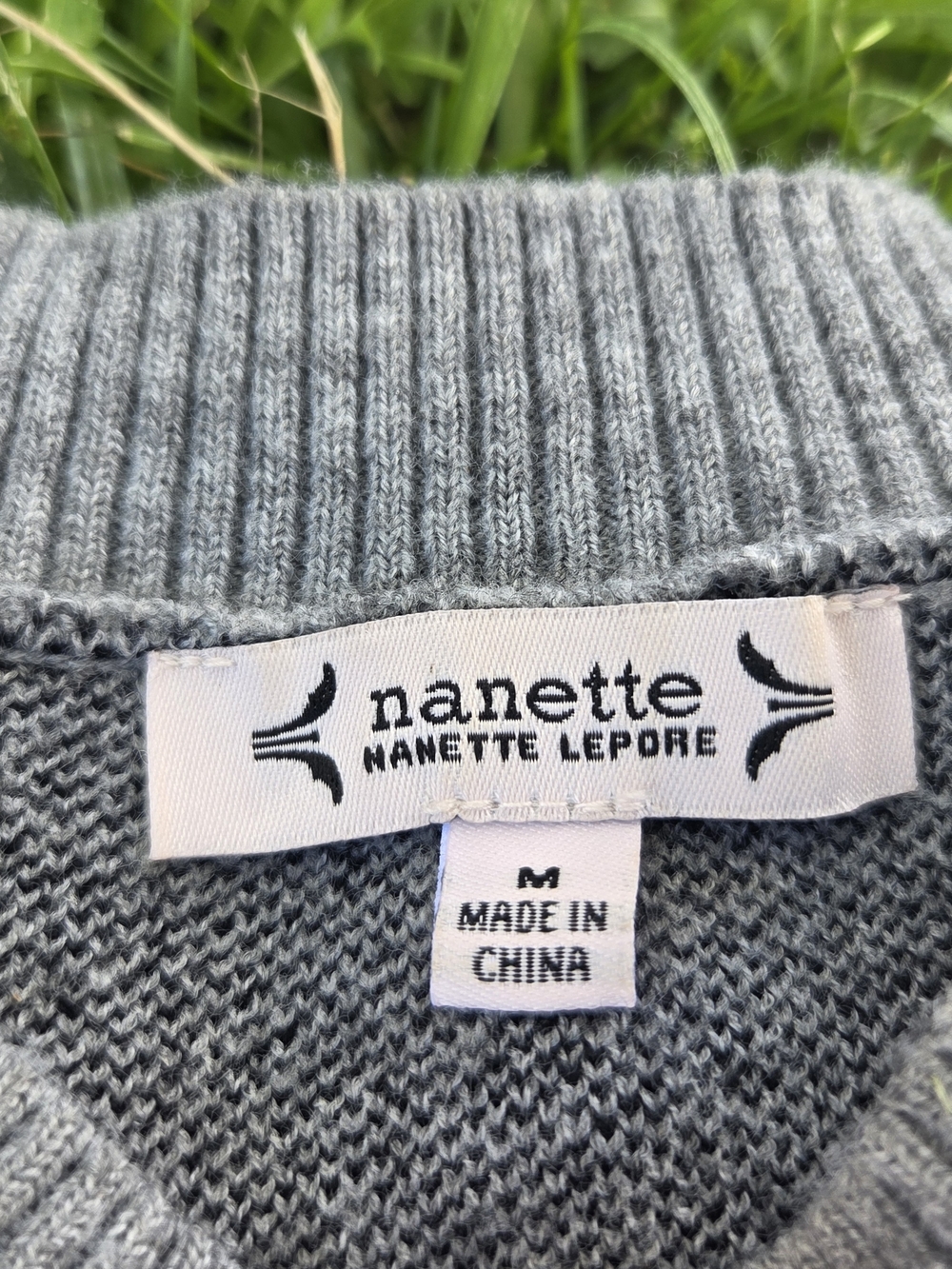 Nanette Lepore Gray Sweater with Black Heart Accents and Rhinestone Studs - Picture 4 of 6
